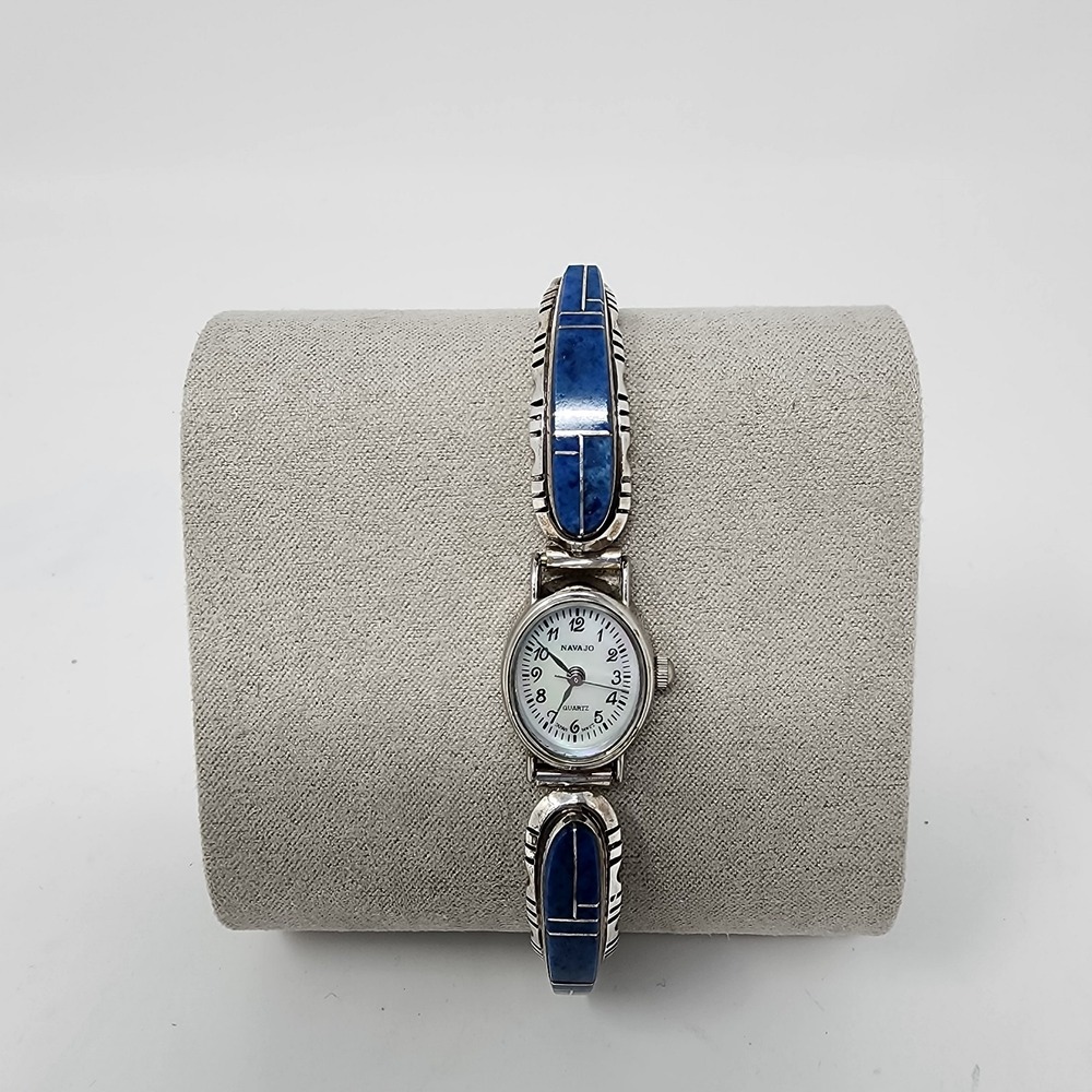 Vintage Lapis Inlay Oval Sterling Silver Expandable Women's Navajo‎ Quartz Watch